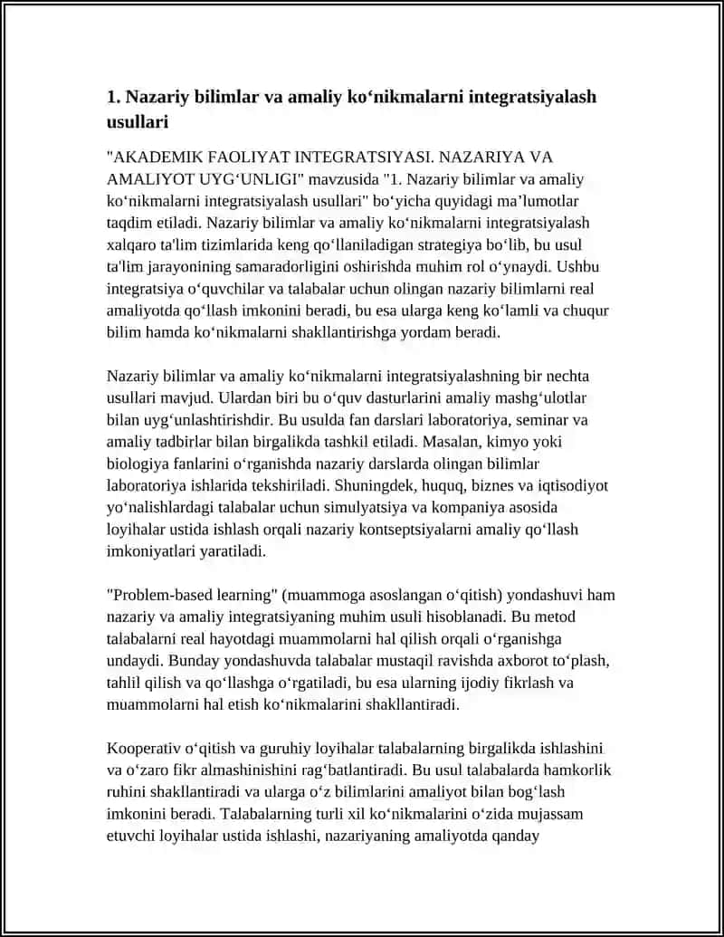 AKADEMIK FAOLIYAT INTEGRATSIYASI. NAZARIYA VA AMALIYOT UYGʻUNLIGI 4