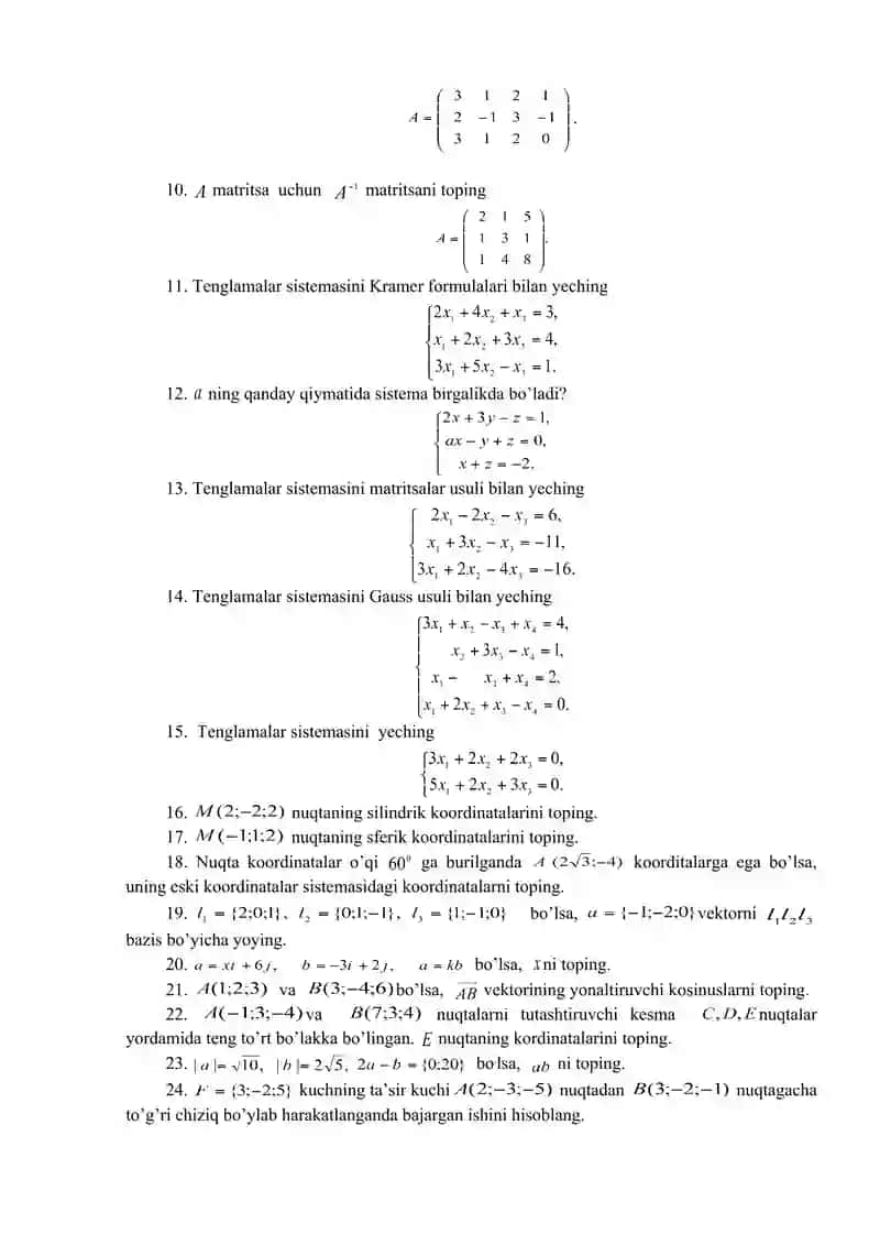 "Oliy matematika" fanidan ON va YaN yozma ish variantlari uchun amaliy savollar to‘plami 4