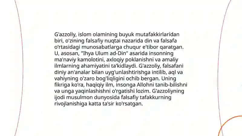 Abu Nasr Forobiyva G'azzoliyning falsafa ilmiga oid qarashlarini qiyosiy tahlil etish(Forobiyning "Siyosat falsafasi" va G'azzoliyning "Kimyoi saodat") asarlari asosida 4