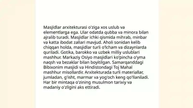 Masjid, madrasa, ma’had, cherkov, sinagoga va boshqalar haqida alohida taqdimot tayyorlash. 4