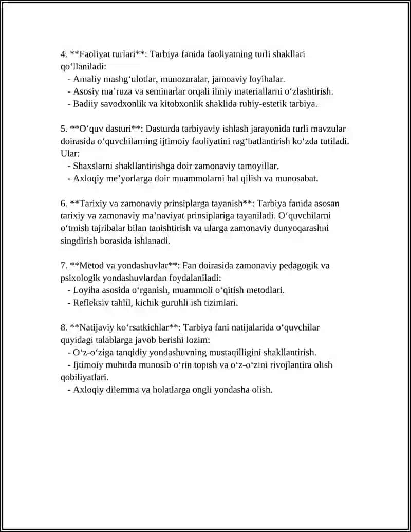 UMUM TA’LIM MAKTABLARI O’RTA SINFLARDA TARBIYA FANI MAZMUNI 4