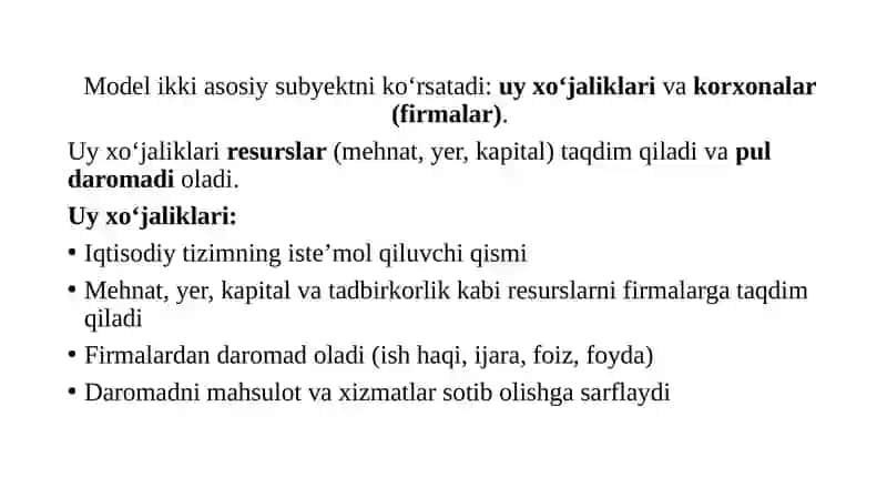 “Resurslar – tovarlar va xizmatlar” hamda “Daromadlar – xarajatlar”ning doiraviy oqimi modeli 4