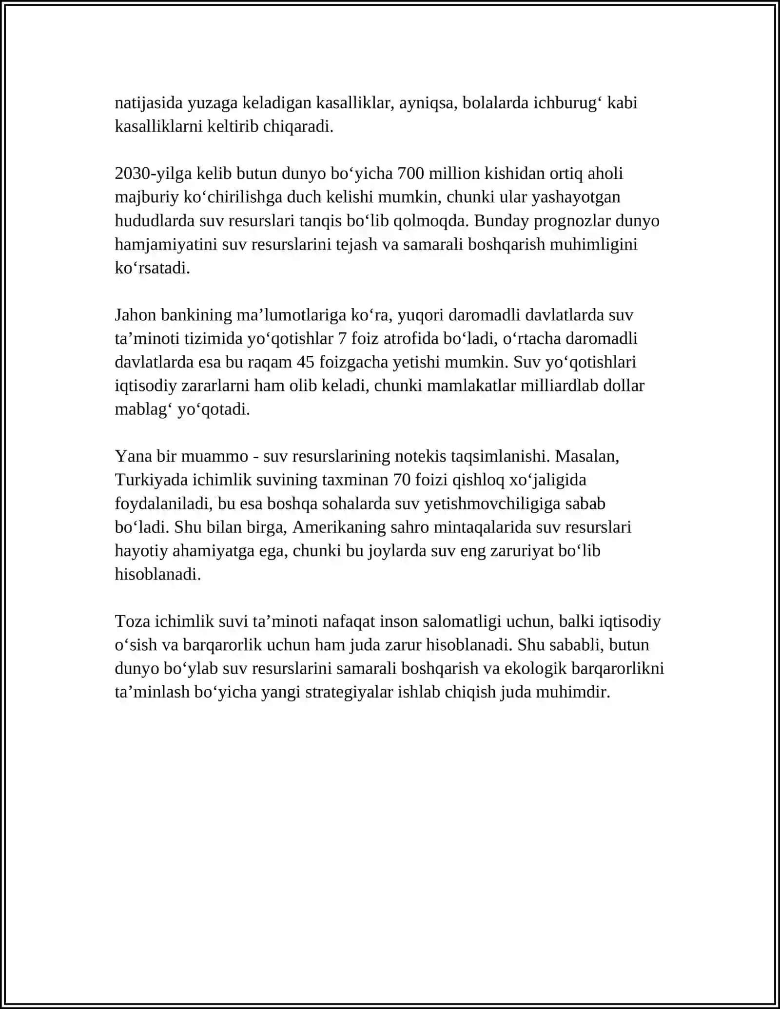 SUVNING SALOMATLIK OMILI EKANLIGI, AHOLINING SUV TA'MINOTINI GIGIYENIK ASOSLARI 4