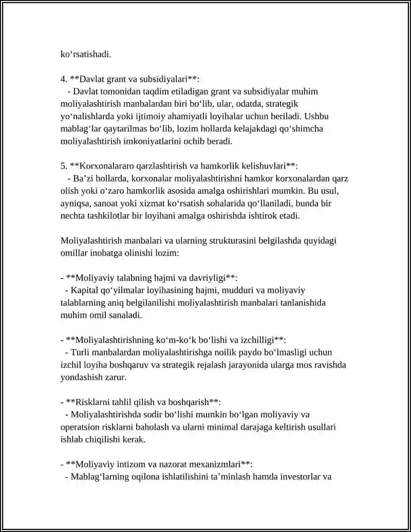 Kapital qo‘yilmalar bo‘yicha biznes-rejaning moliyalashtirish manbalari va strukturasini aniqlash 4