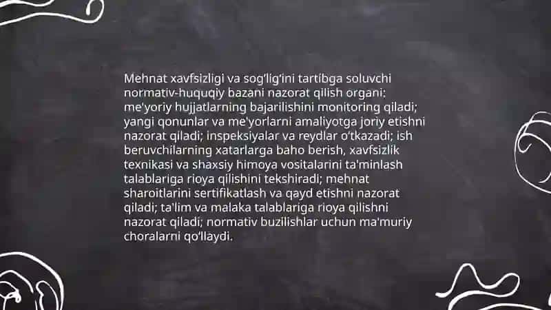 Mehnat muhofazasining huquqiy va tashkiliy asoslarini nazorat qiluvchi organ 4