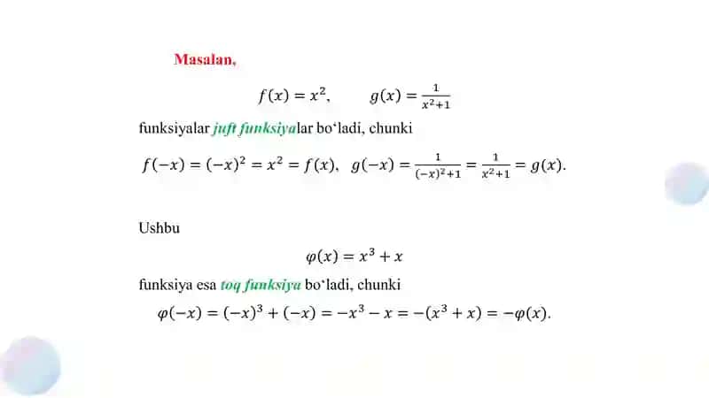 Juft, toq va davriy funksiyalar. Monoton funksiyalar. 4