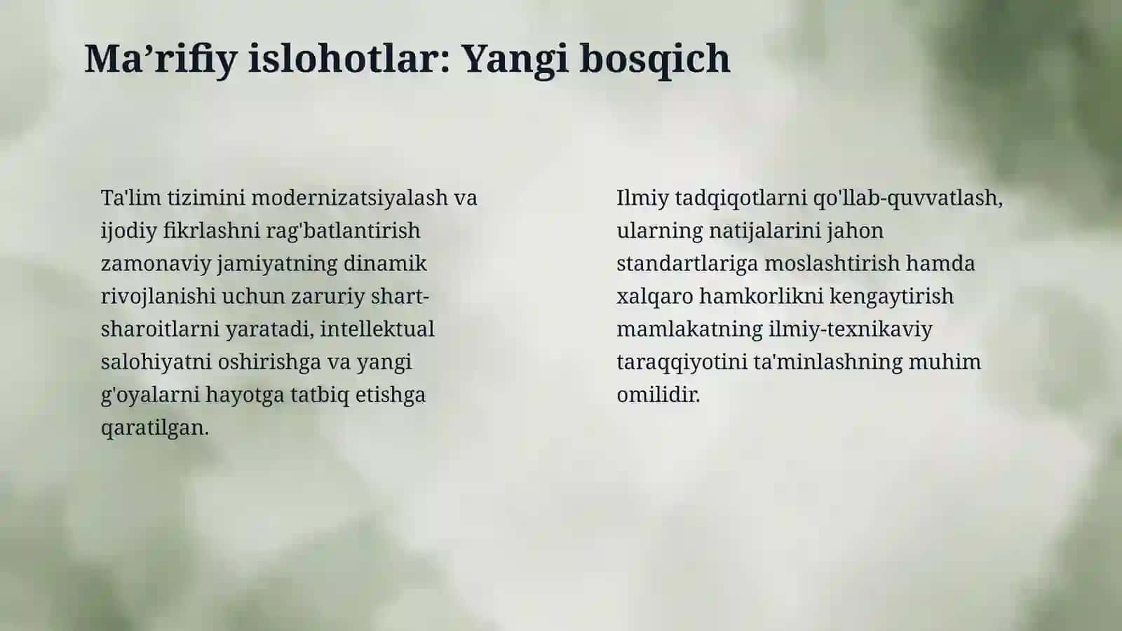 Ma’naviy va ma’rifiy sohalarda islohotlarni amalga oshirish. Yoshlarni harbiy-vatanparvarlik ruhida tarbiyalash tadbirlarini yanada kuchaytirish. Tinchlik va xavfsizlikni ta’minlash, xalqaro hamkorlikni rivojlantirish. Global muammolarning milliy va min 4