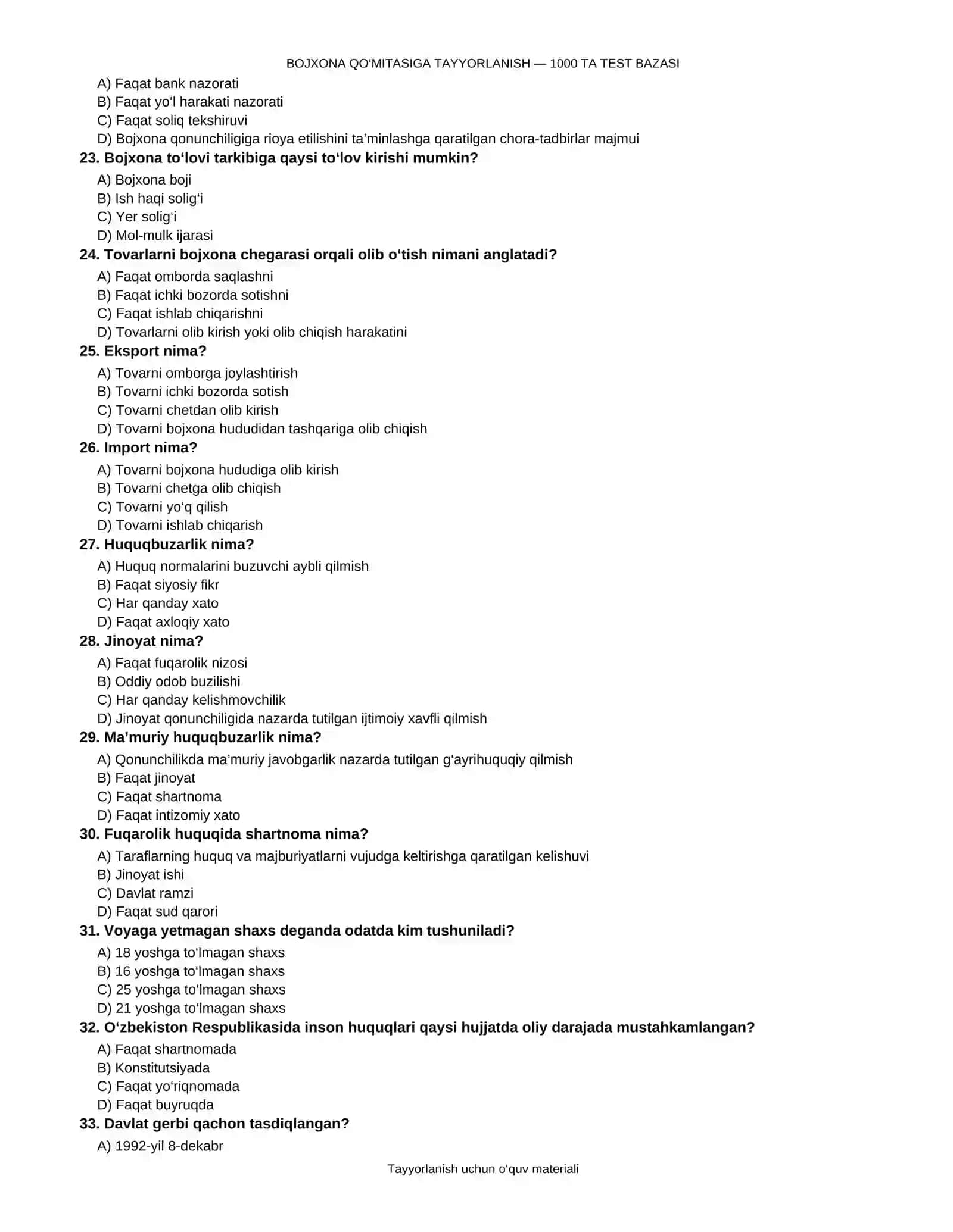 Bojxonaga ishga kirish uchun testlat bazasi 4
