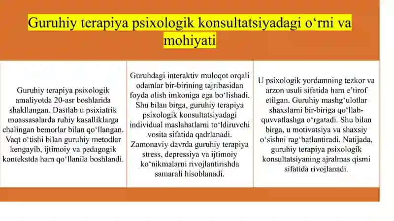Psixologik konsultatsiyada guruhiy terapiyaning ahamiyati 4