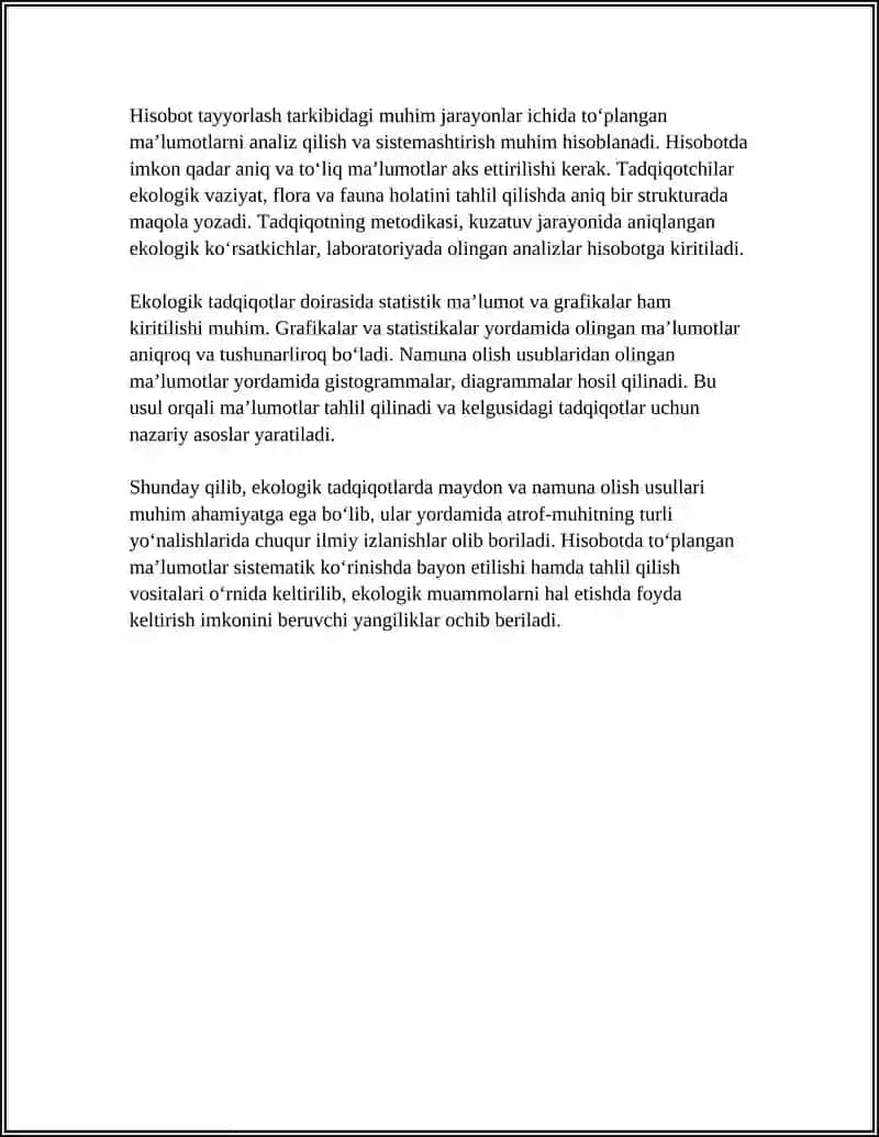 EKOLOGIK, ENTOMOLOGIK VA IXTIOLOGIK TADQIQOT USULLARINI O‘RGANISH HAMDA AMALIY ISHLAR BO‘YICHA HISOBOT TAYYORLASH 4