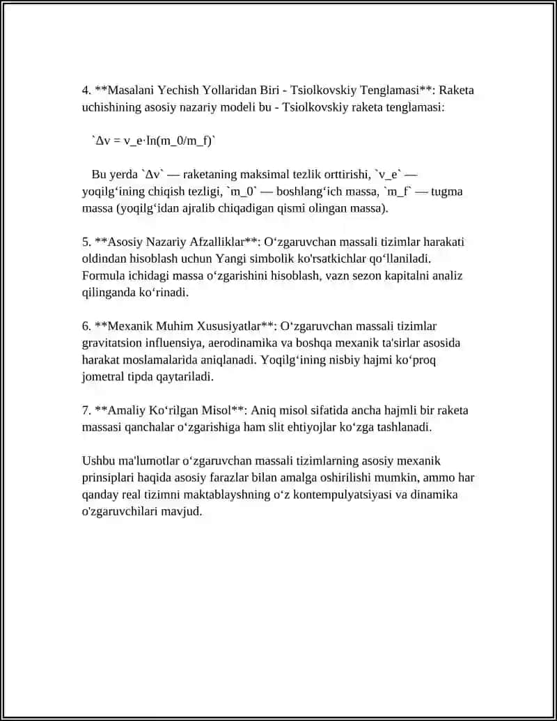 Oʻzgaruvchan massali tizimlarning harakati.Qattiq jismlarda diffuziya hodisasi 4