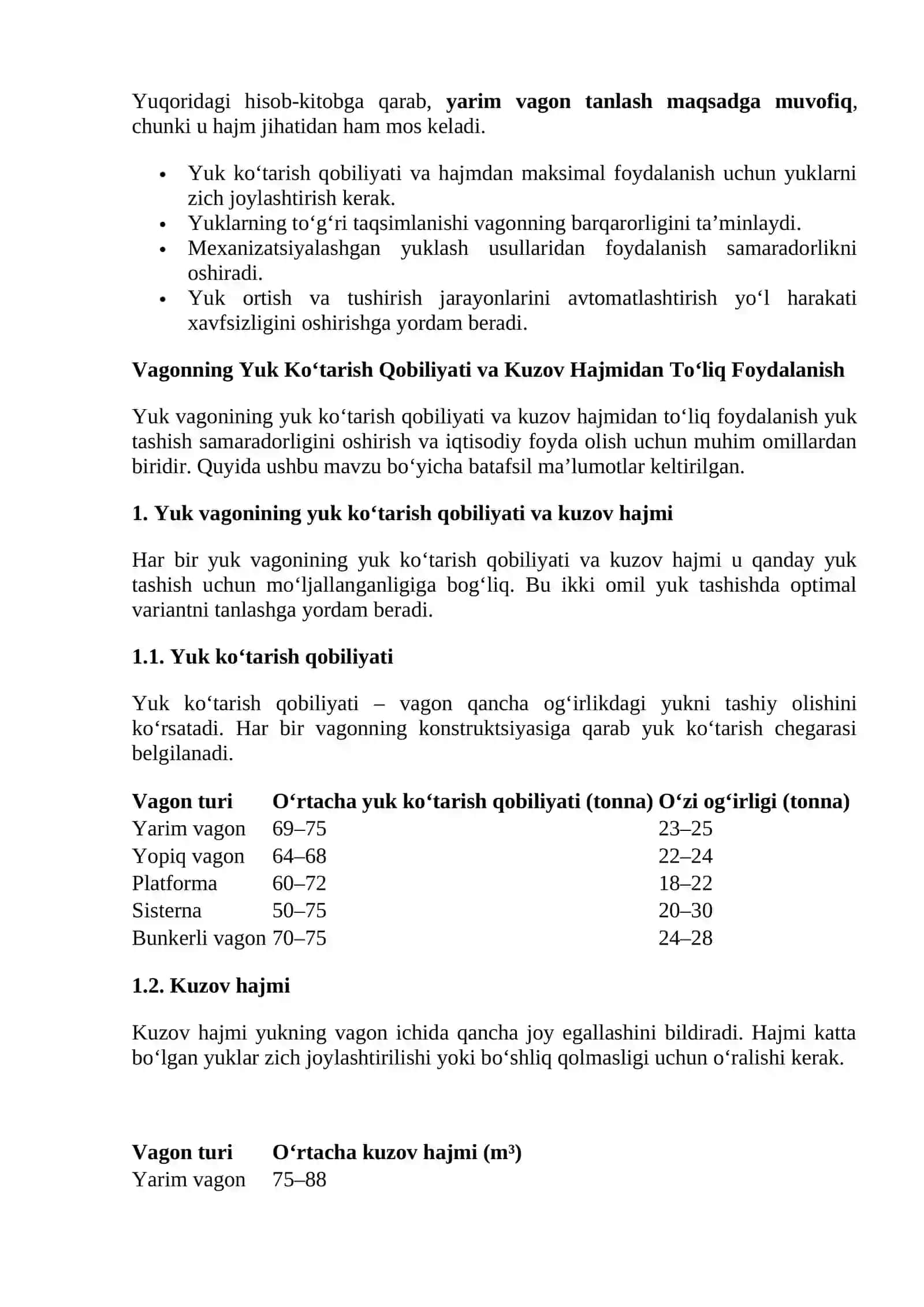 Vagonning yuk kutarish qobilyati va kuzov hajmidan toliq foydalanish 4