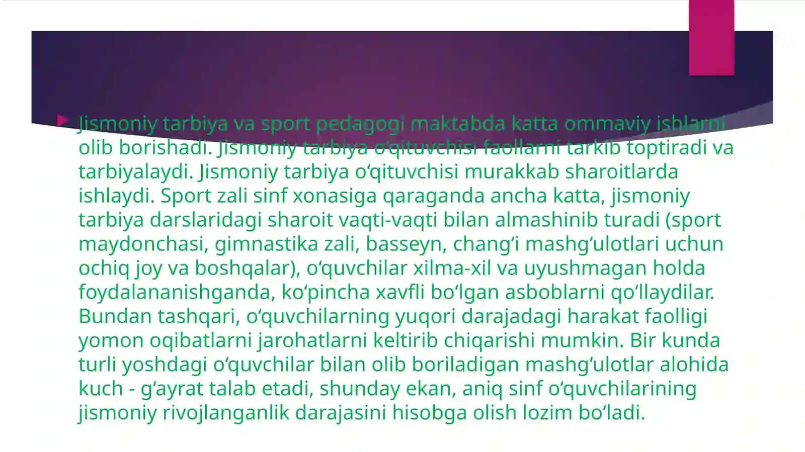 SPORT O'QITUVCHISINING PEDAGOGIK FAOLIYATINI
USULLARI VA VOSITALARI, PEDAGOGIK JARAYONINI
TASHKIL ET 4