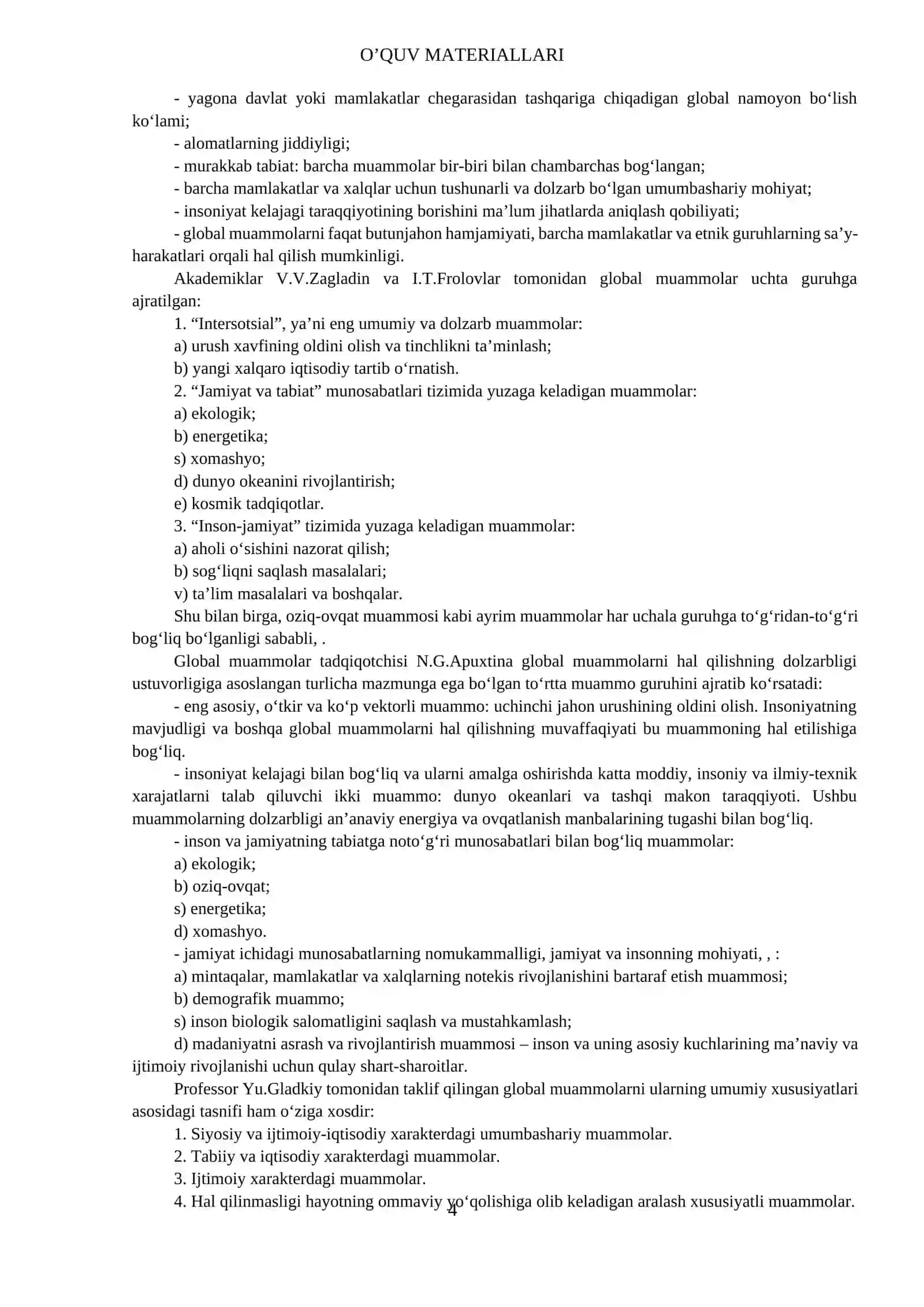 BOB. JAHON IQTISODIYOTINING GLOBALLASHUV MUAMMOLARI VA ULARNING GURUHLANISHI 4