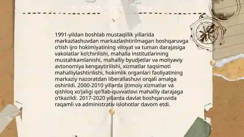 MUSTAQILLIK YILLARIDA DAVLAT BOSHQARUVI TIZIMIDA AMALGA OSHIRILGA ISLOHOTLAR 4