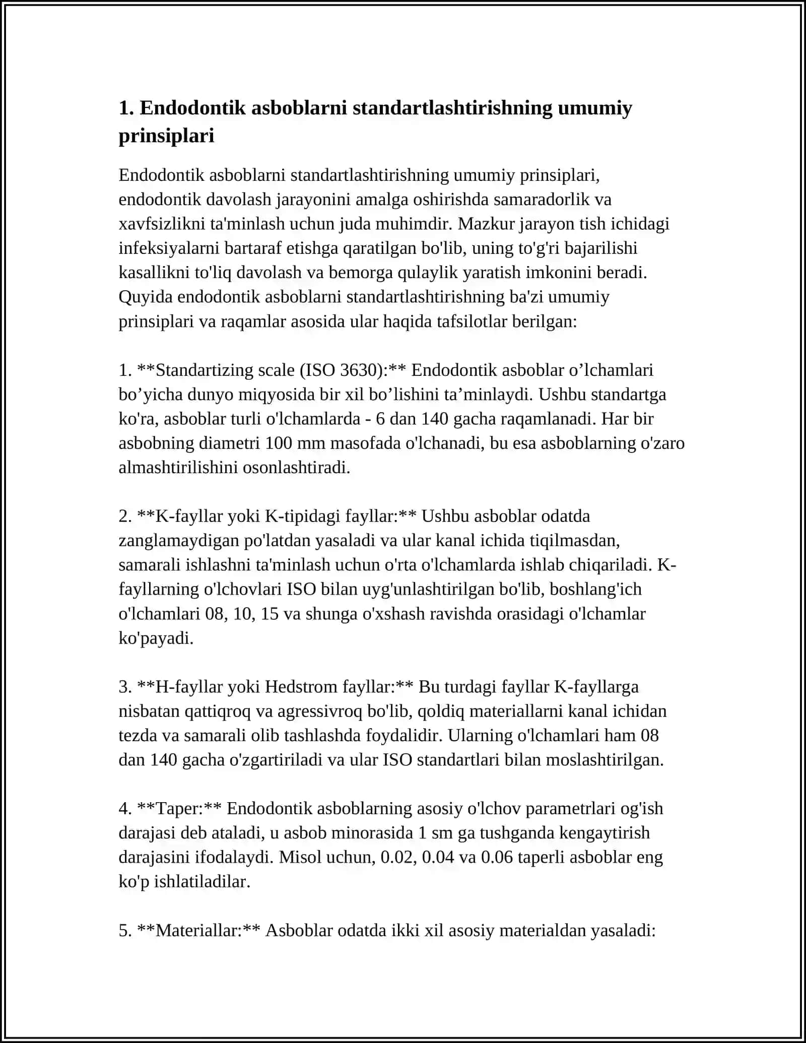 ILDIZ KANALLARIGA MEXANIK ISHLOV BERISH UCHUN QOʻLLANILADIGAN ENDODONTIK ASBOBLARNI STARDARTIZATSIYALASH 4