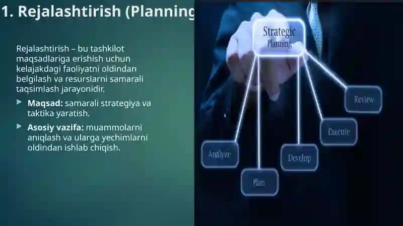 Boshqaruv funksiyalari:rejalashtirish,tashkillashtirish,motivatsiya,nazorat. Sog’liqni saqlashda innovatsion jarayonlar. Liderlik, liderlik nazariyasi va uslublari. 4