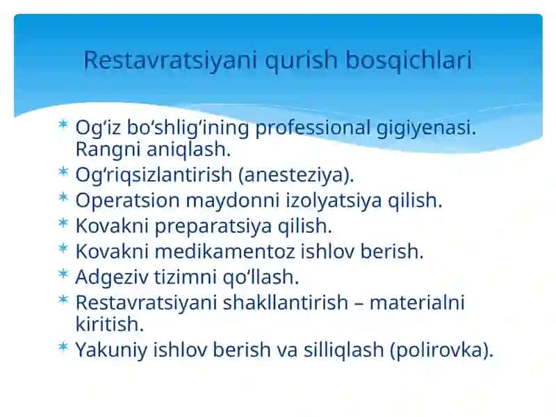 Blek bo‘yicha V sinfli karies kovaklarini restavratsiya qilishning klinik tamoyillari. 4