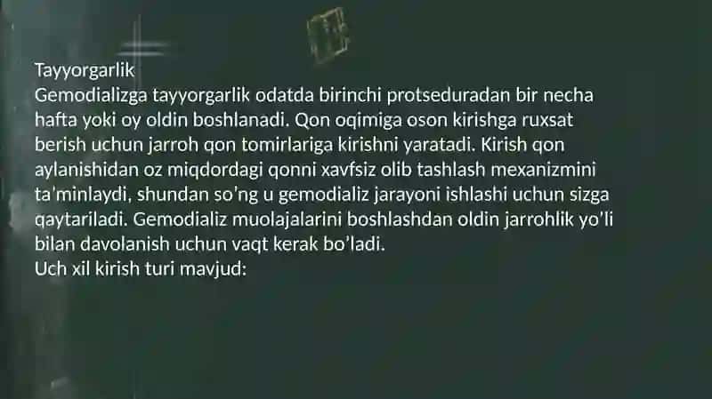 O‘rinbosar terapiya:gemodializ,  plazmaforez. Buyrak transplantatsiyasi 4