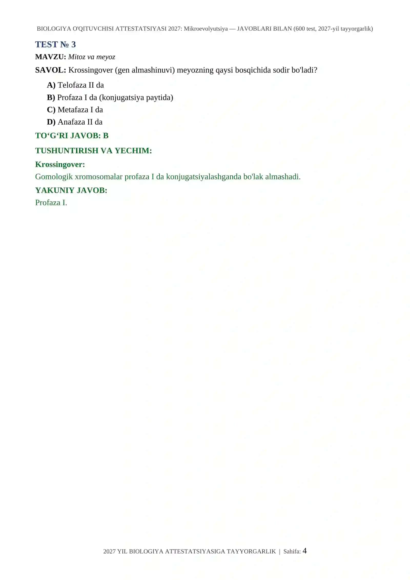 BIOLOGIYA O'QITUVCHISI ATTESTATSIYASI 2027: Mikroevolyutsiya — JAVOBLARI BILAN (600 test, 2027-yil tayyorgarlik) 4
