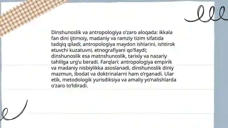 Dinshunoslik fanining boshqa ijtimoiy fanlar bilan aloqasi va farqli jihatlari 4