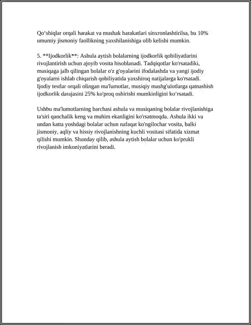 BOLALARNI ASHULA AYTISH, MUSIQA TINGLASH VA MUSIQIY RITMIK HARAKATLARNI OʻRGATISH 4