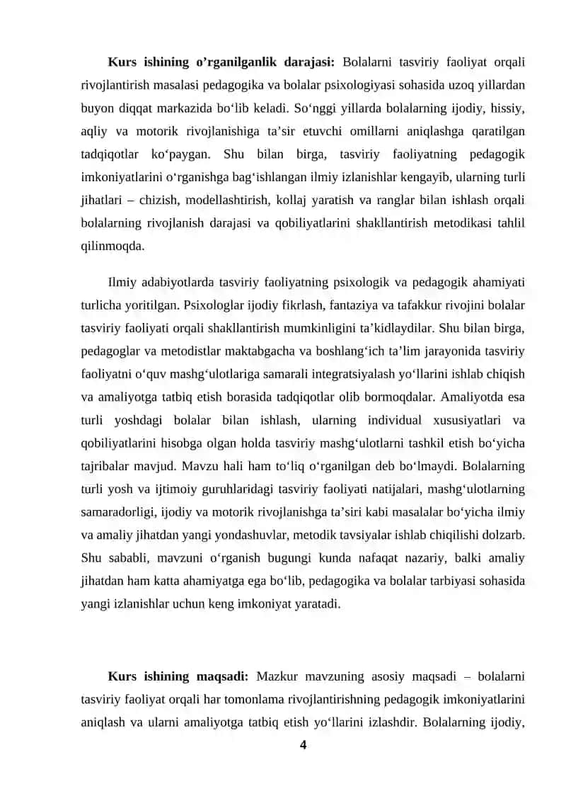Bolalarni har tomonlama rivojlantirishda tasviriy faoliyatning pedagogik imkoniyatlari (KURS ISHI) 4