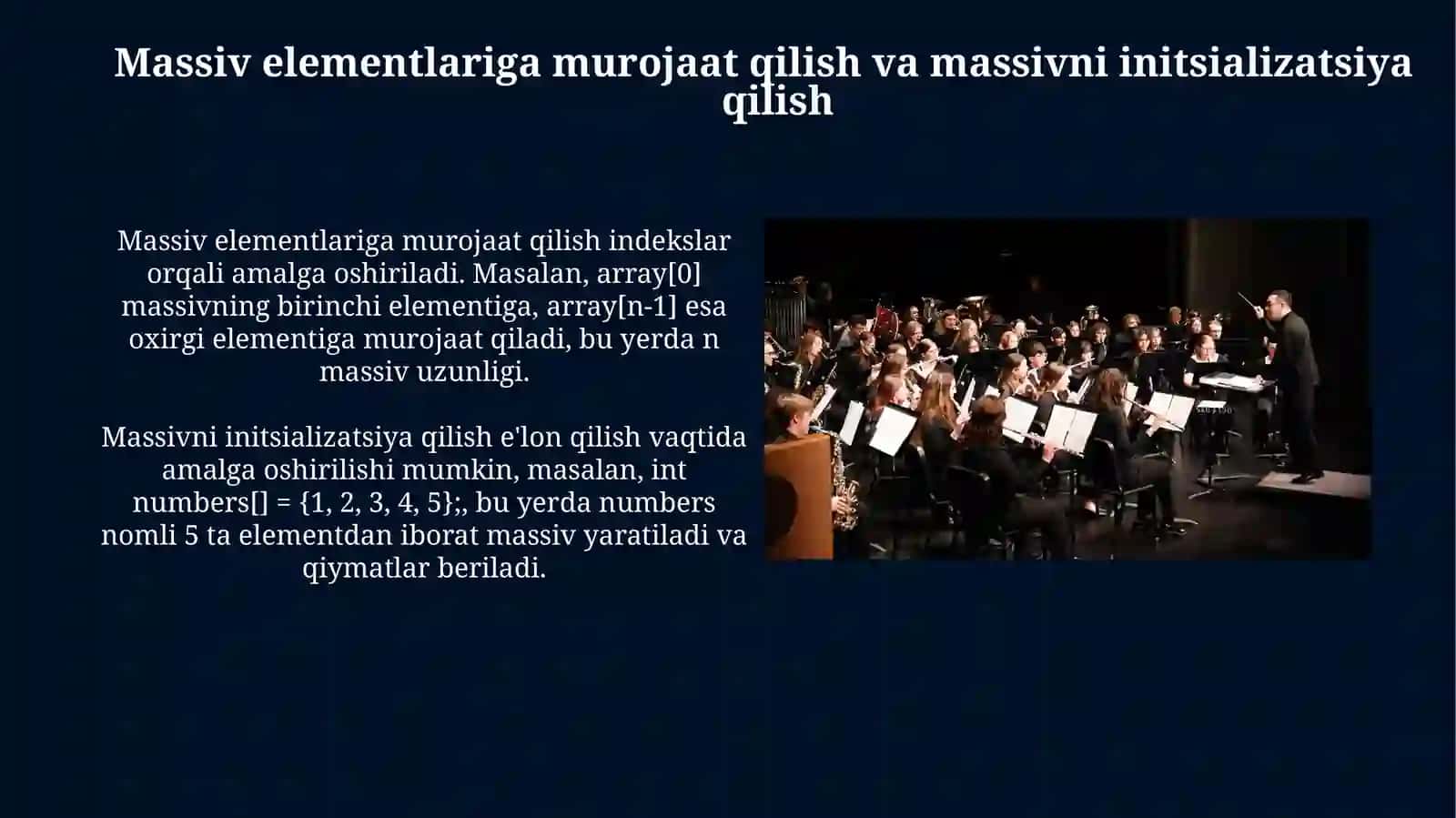 Bir o‘lchamli massivlar. Elementlarni qidirish usuli. Elementlar ustida amallar ko‘rsatish 4