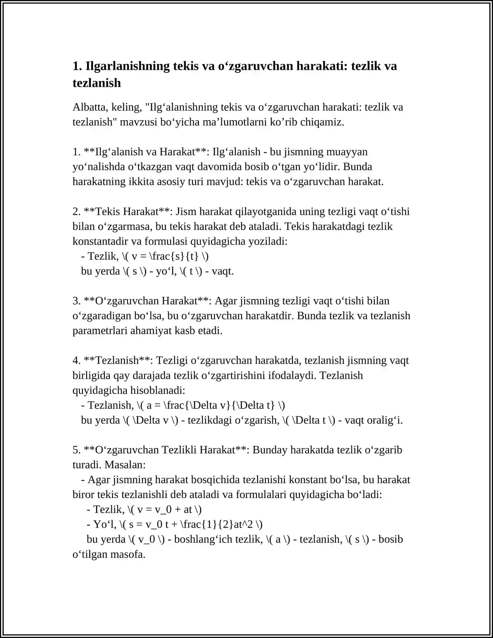 ILGARILANMA VA AYLANMA HARAKAT KINEMATIKASI (TEKIS VA O‘ZGARUVCHAN HARAKAT, TEZLIK VA TEZLANISH) 4