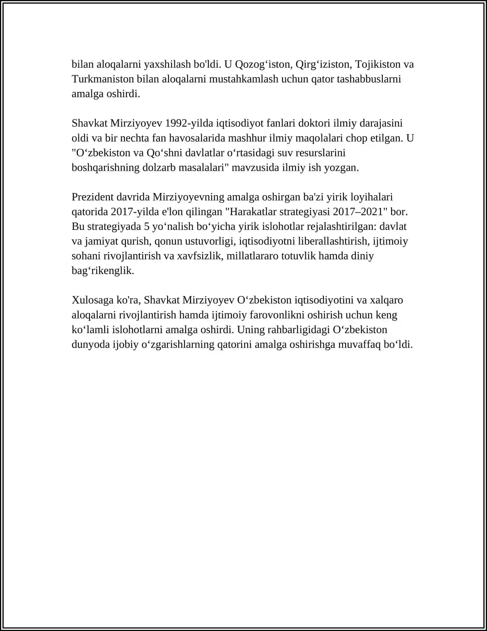 SHAVKAT MIRZIYOEVNI HAYOTI VA IJODI, YANGI OʻZBEKISTON STRATEGIYASINING ASARI MAZMUNI 4