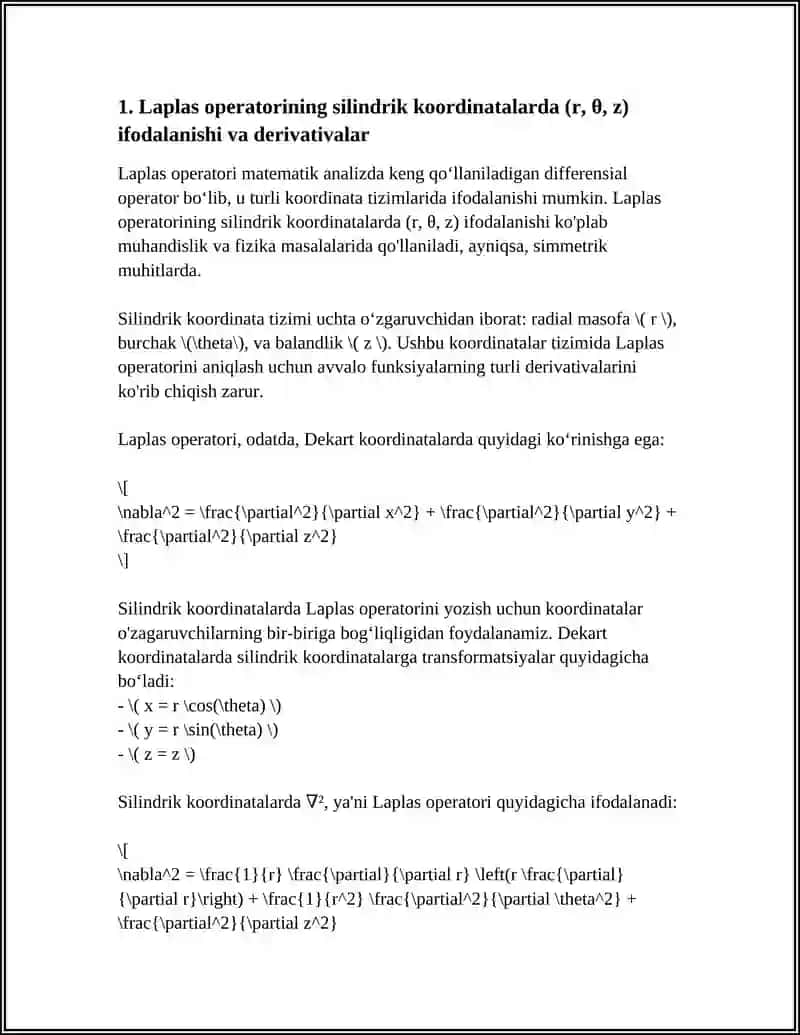 LAPLAS OPERATORLARNING SILINDRIK VA SFERIK KOORDINATALARDA IFODALASH. MAYDONLAR NAZARIYASINING TADBIQLARI 4