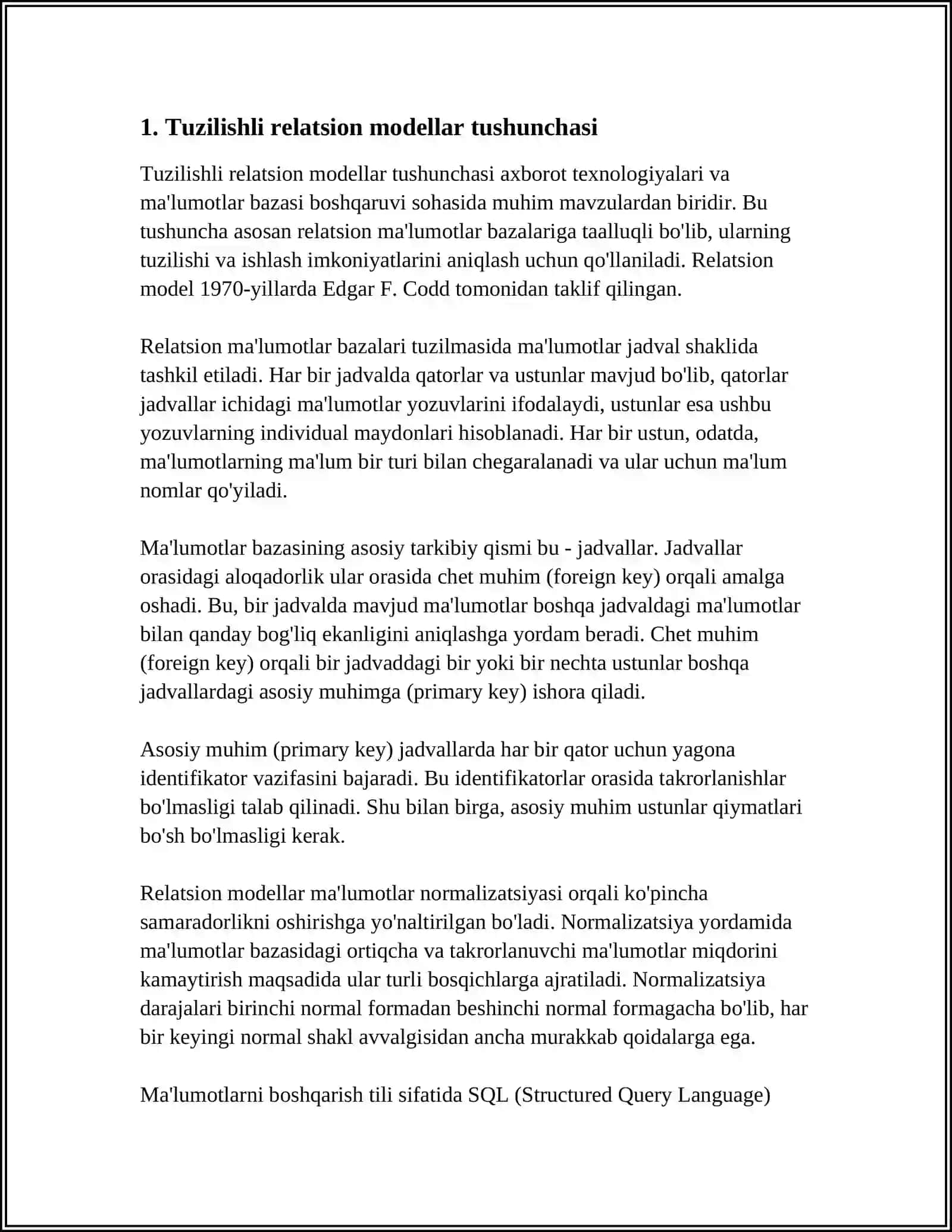 TURLI RELATSION MODELLARNING TUZILISHINI VA ISHLATILISHINI TAHLIL QILISH 4