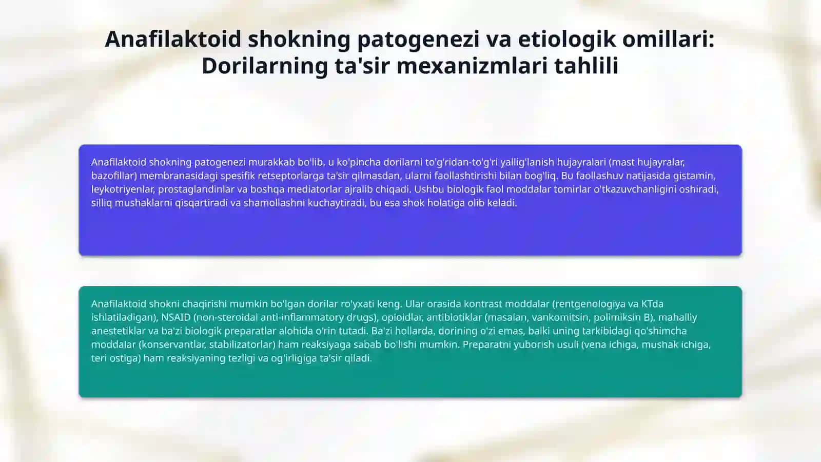Dorilarga o'tkir toksiko-allergik reaksiyalar .Anafilaktoid shok diagnostikasi va klinikasi 4