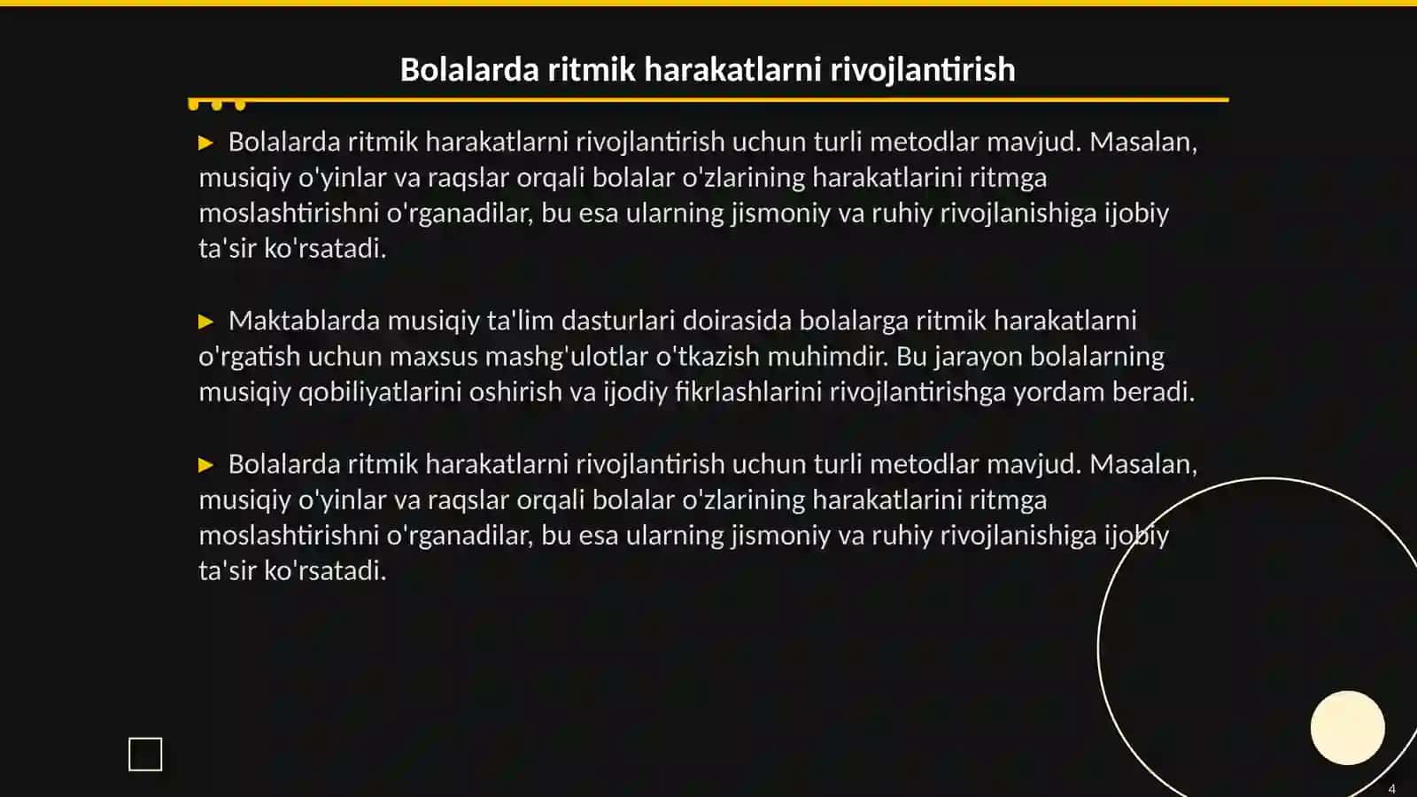 Bolalarni musiqaviy ritmik harakatlarga o'rgatish 4