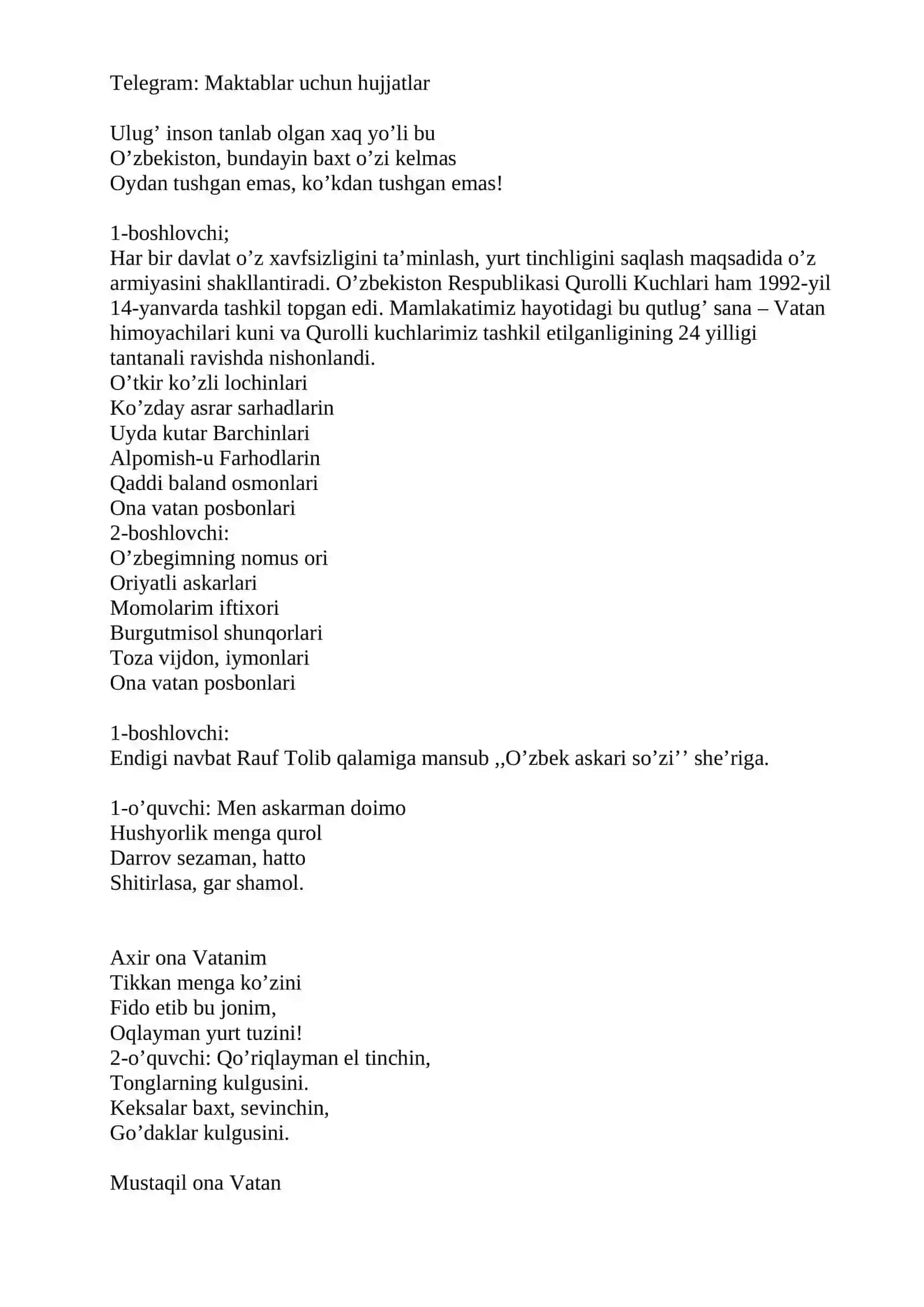 “Tinchlik, xotirjamlik-be’baho ne’mat” mavzusidagi tadbir senariysi 4