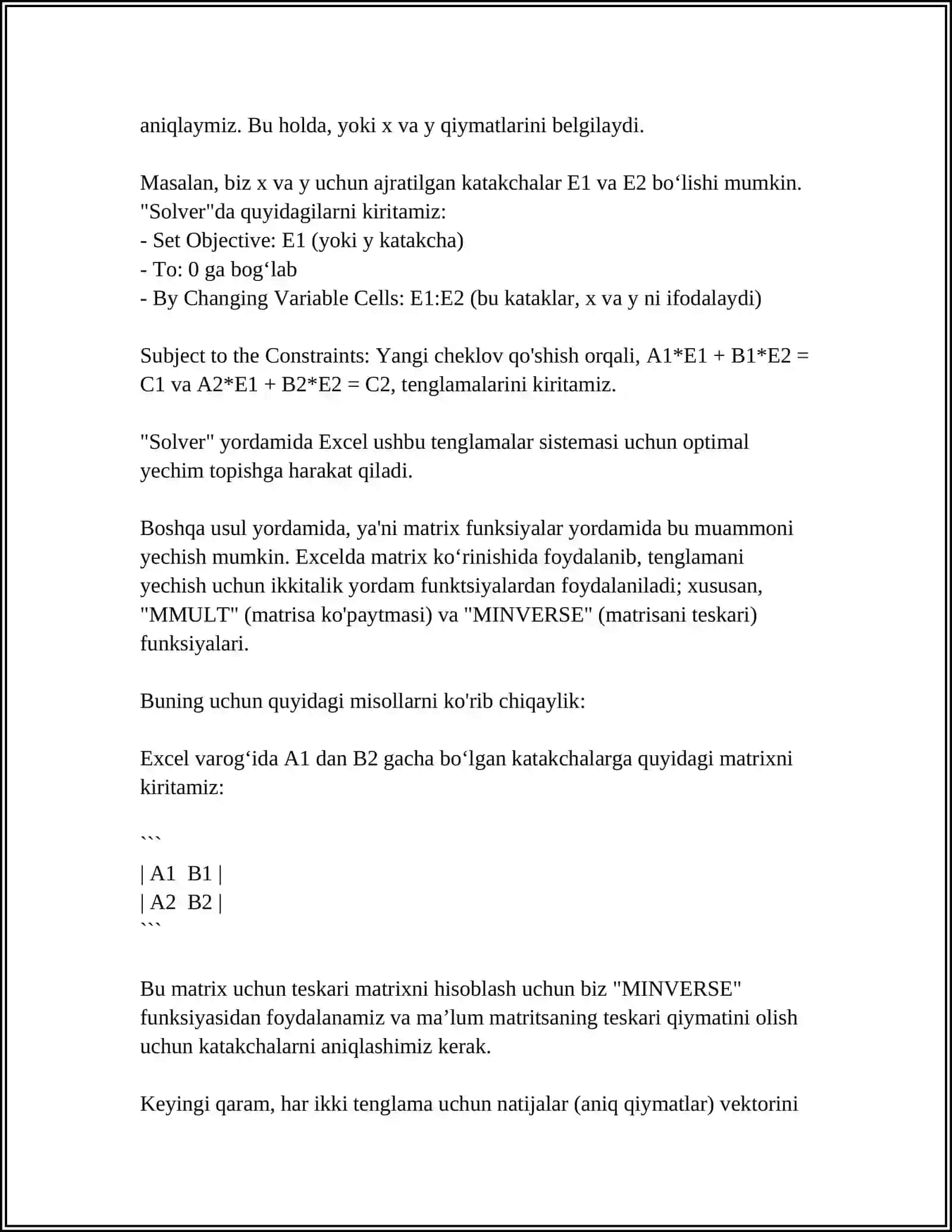 MS EXEL DASTURI ELEKTRON JADVALIDA CHIZIQLI ALGEBRIK TENGLAMALAR SISTEMASINI YECHISH 4