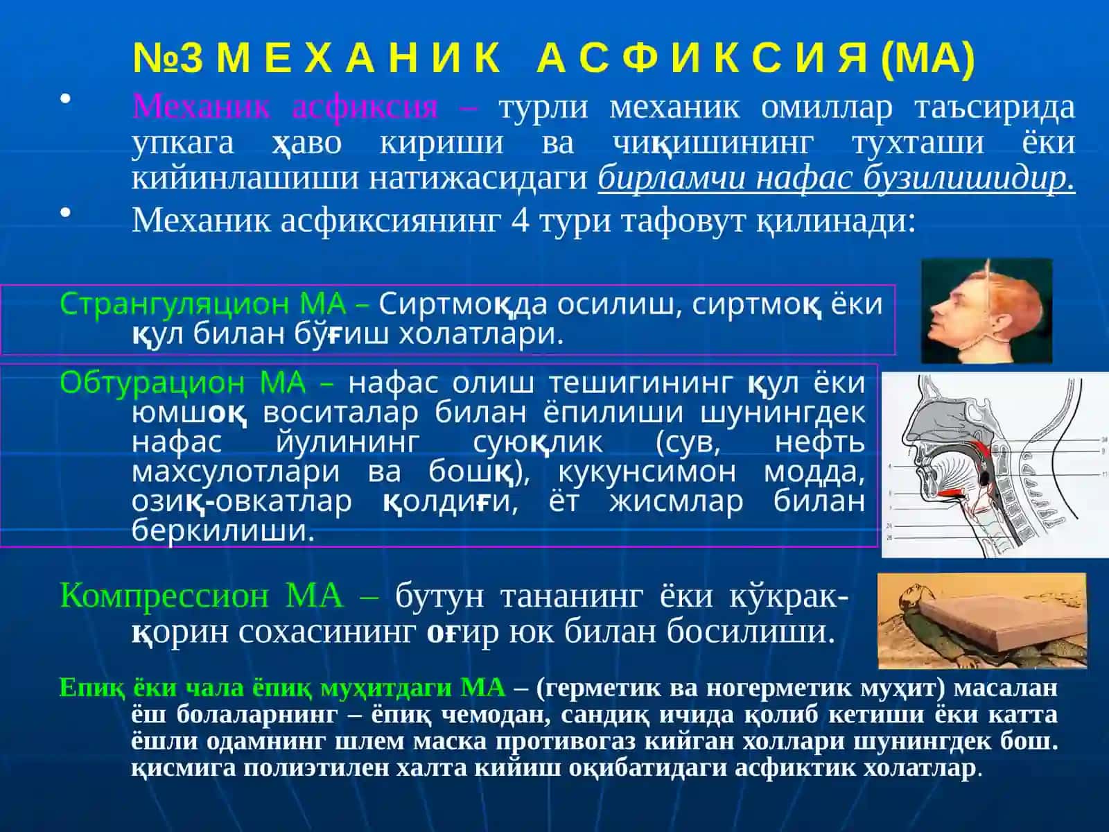 КИСЛОРОД ТАНҚИСЛИГИ БИЛАН БОҒЛИҚ ПАТОЛОГИК ХОЛАТЛАР. ГИПОКСИЯ ВА АСФИКСИЯ. МЕХАНИК АСФИКСИЯ. ШУ ХОЛАТ БИЛАН БОҒЛИҚ СУД ТИББИЙ ЭКСПЕРТИЗА ВАЗИФАЛАРИ. МЕХАНИК АСФИКСИЯ ПРОФИЛАКТИКАСИ 4