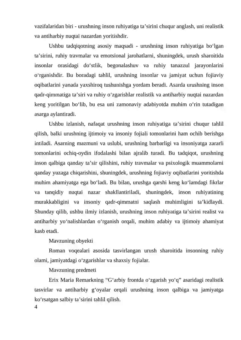 ERIX MARIA REMARKNING "G‘ARBIY FRONTDA O‘ZGARISH YO‘Q" ANTIHARBIY VA REALISTIK ROMANIDA URUSHNING INSON RUHIY DUNYOSIGA KO‘RSATGAN TA’SIRI VA URUSHNING FOJIAVIY OQIBAT 4