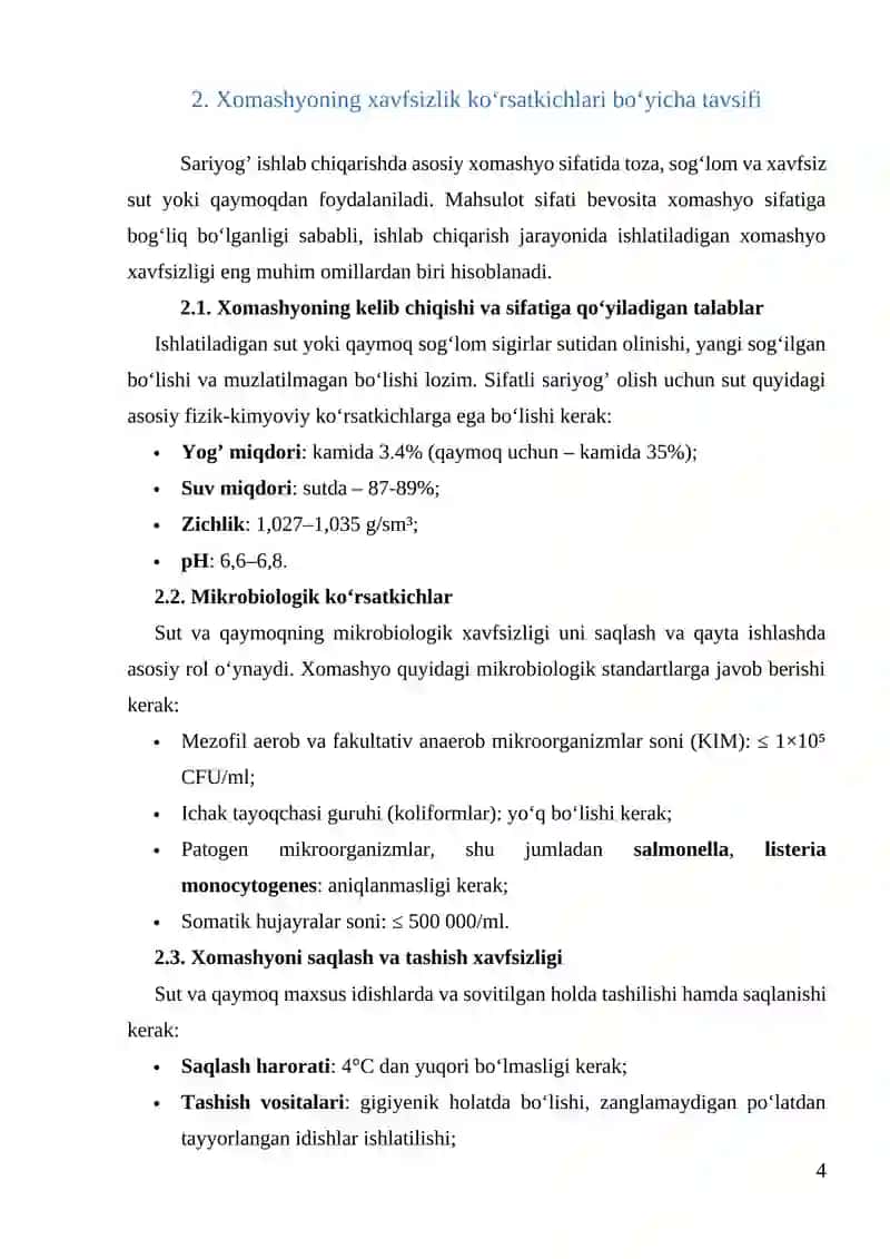 KURS ISHI: “Smenasiga 200 kg sariyog' ishlab chiqarish texnologik linyasini loyihalashtirish” 4