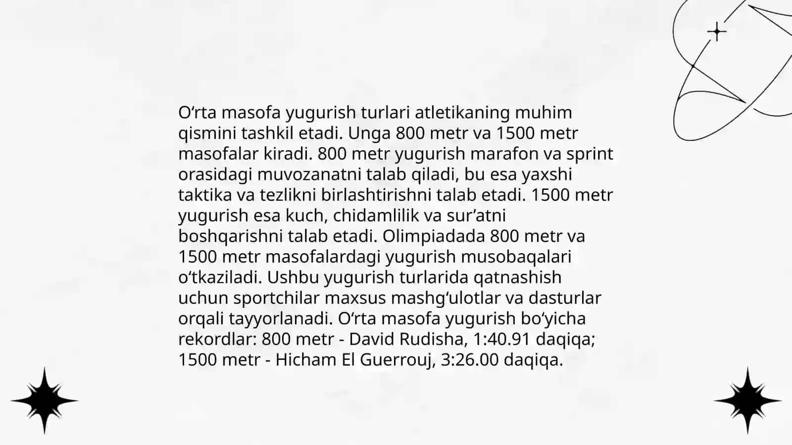 Yengil atletika. Oʻrta masofa va uning turlari haqida tushunchalarni chuqurlashtirish 4