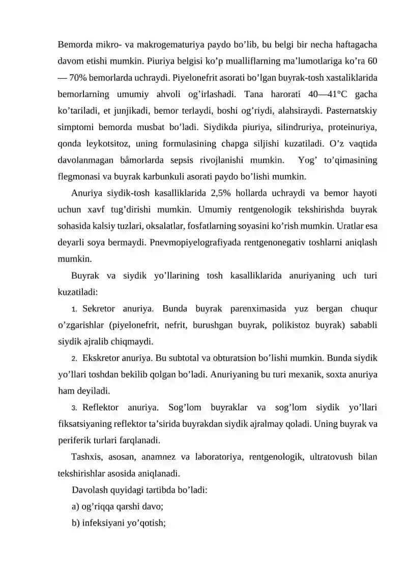 Buyraklarda urat toshlarini hosil bo’lishi va davolash yo’llari 4