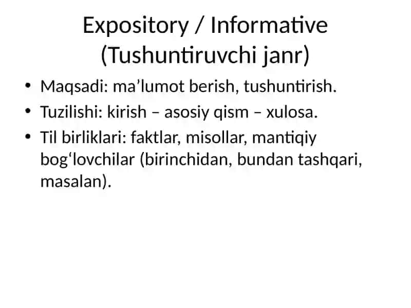 Characteristics of Different Types of Genres / Turli janrlarning xususiyatlari 4