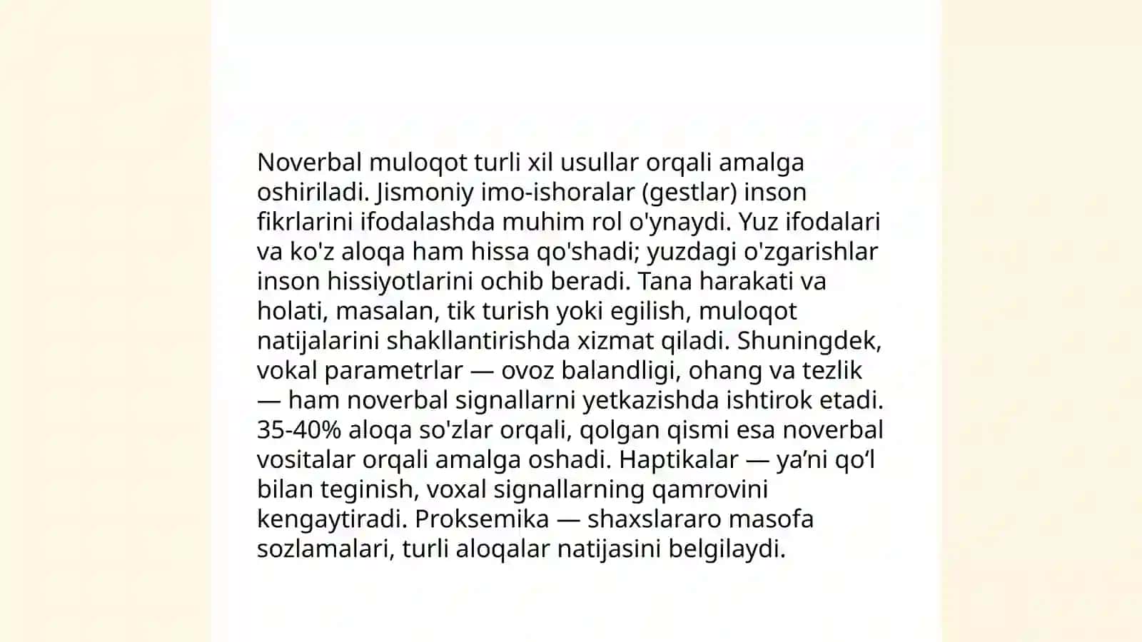 Noverbal muloqot nima va uning boshqa muloqot turlaridan farqi 4