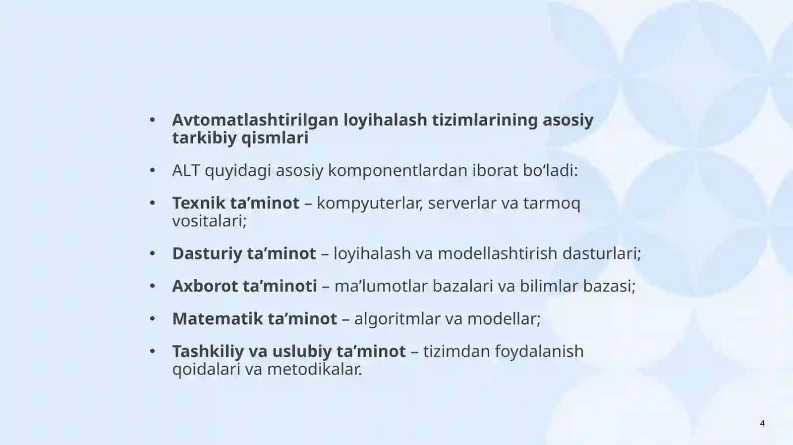 Automatlashtirilgan loyihalash tizimlari 4