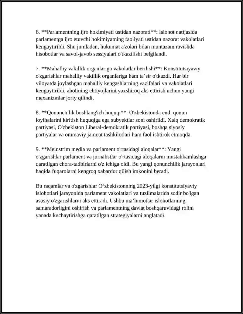 YANGI O'ZBEKISTONDA PARLAMENTDAGI ISLOHOTLAR HAMDA 2023-YIL KONSTITUTSIYAVIY ISLOHOTLAR VA PARLAMENTDAGI O'ZGARISHLAR 4