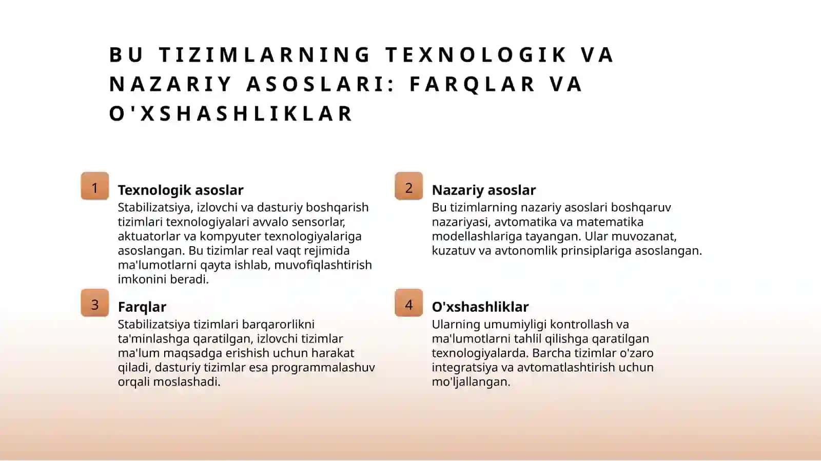 Stabilizatsiya,izlovchi va dasturiy boshqarish tizimlarining taqqoslama tahlili 4