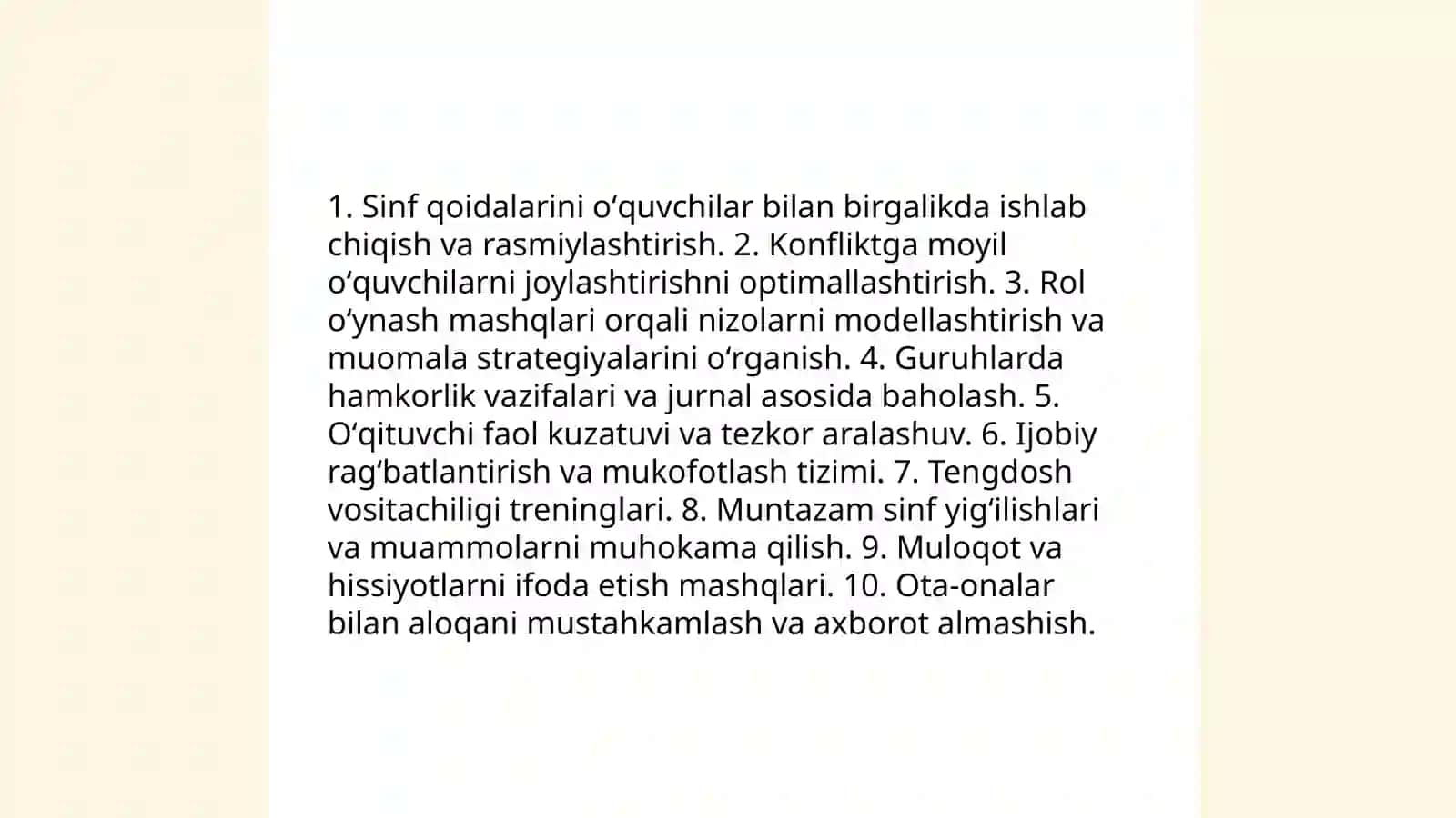 Pedagogik nizolarning oldini olish metodlari va yoʻllari boʻyicha amaliy vazifalarni bajarish 4