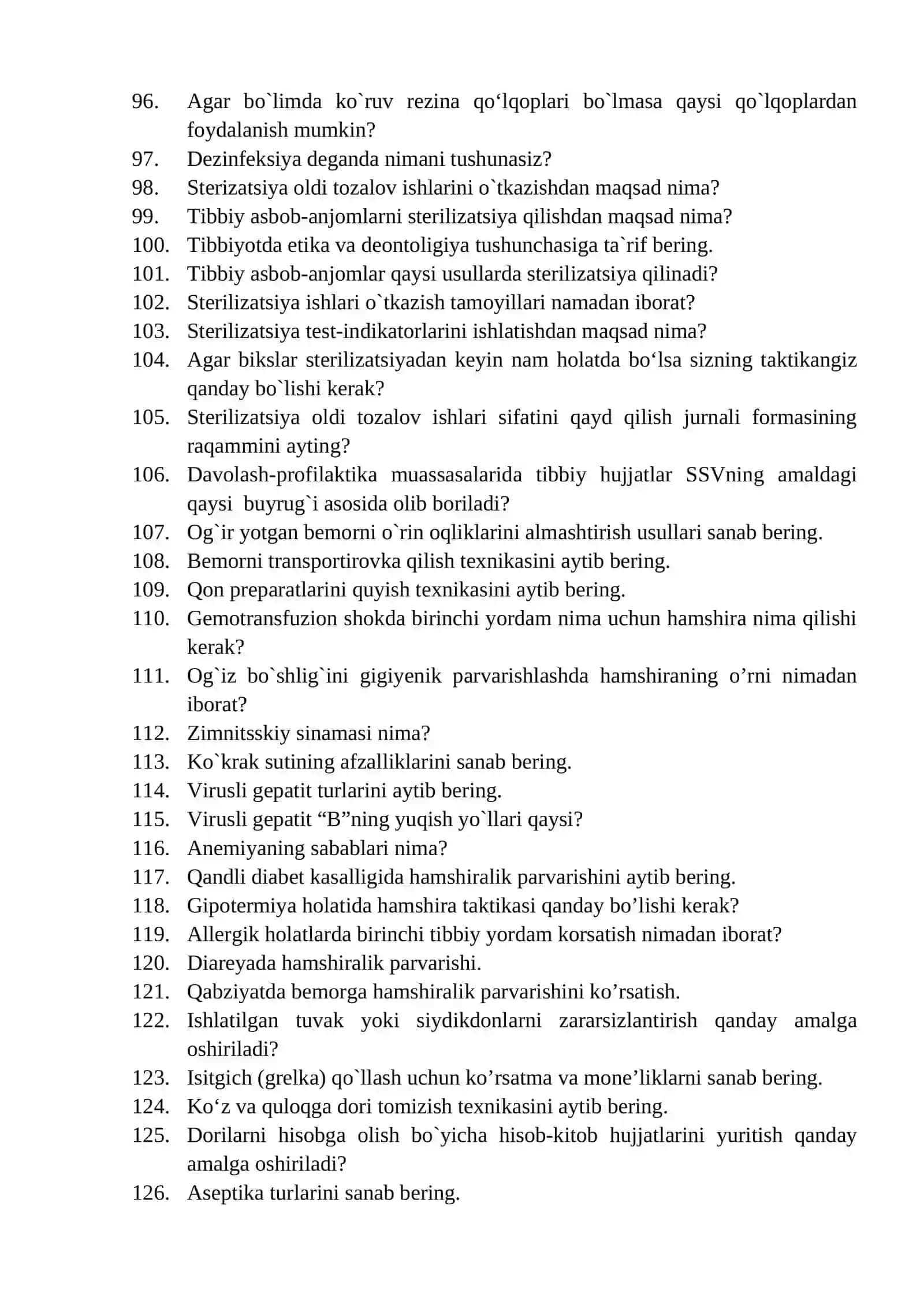Hamshiralik ishi mutaxassisligi bo'yicha shakllantirilgan  og'zaki savollar ro'yxati Ikkinchi malaka tоifasi uchun: 4