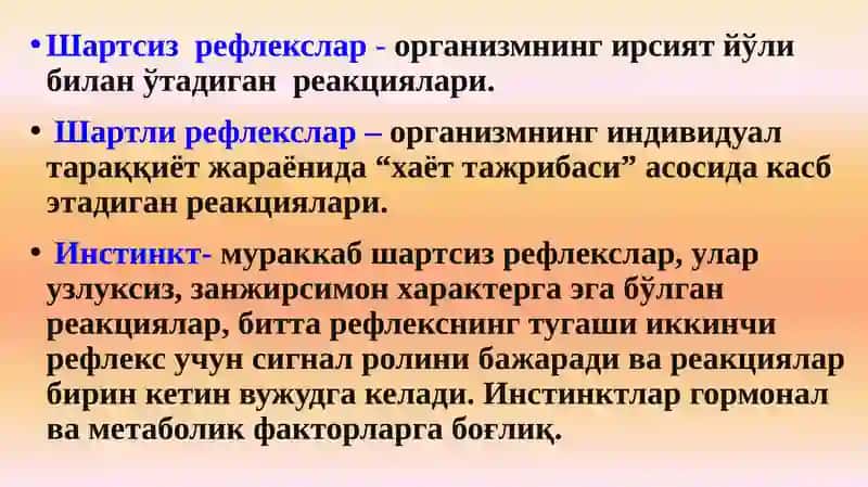 Олий нерв фаолияти. Хулқнинг туғма ва орттирилган шакллари. 4