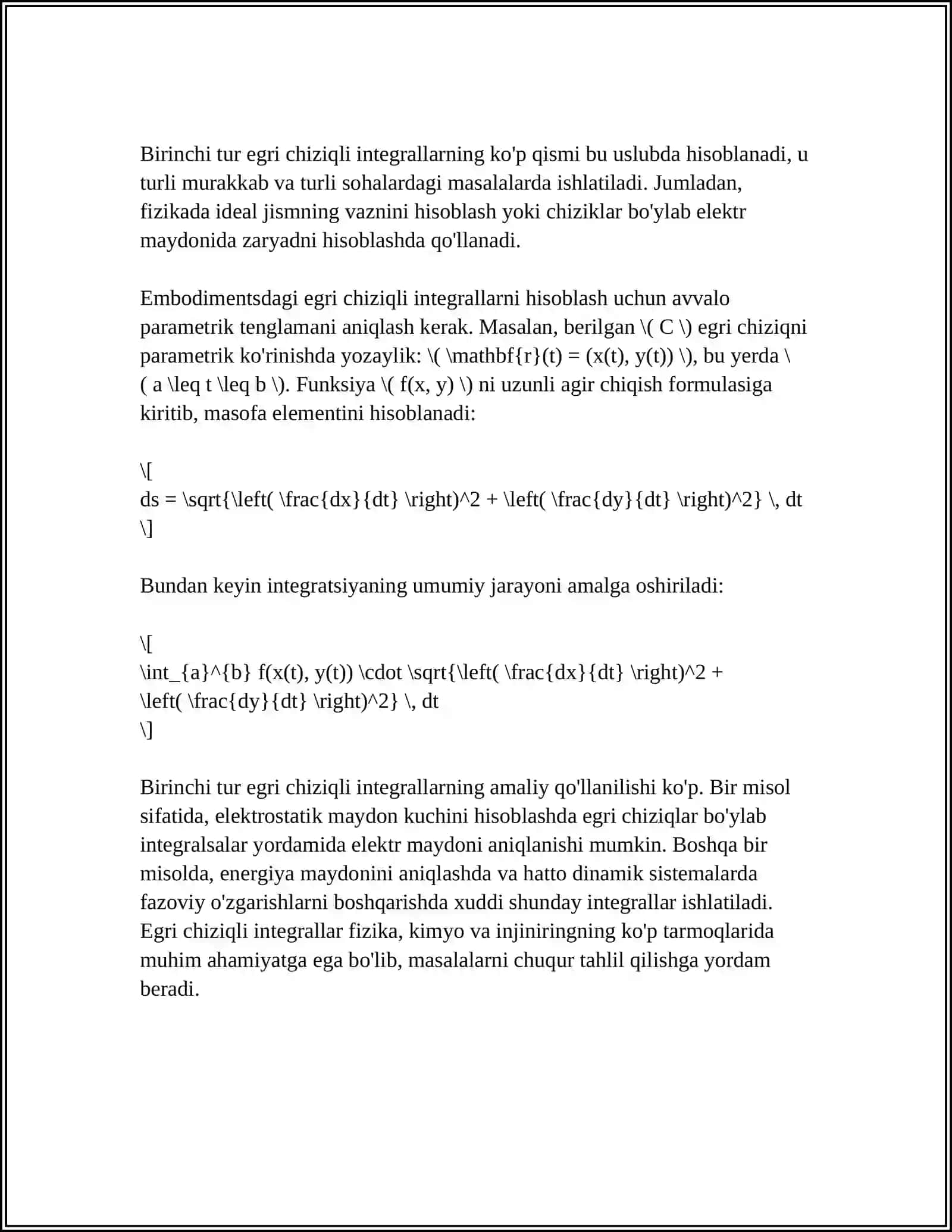 BIRINCHI VA IKKINCHI TUR EGRI CHIZIQLI INTEGRALLAR ORASIDAGI BOGʻLANISH. OSTROGRDSKIY-GRIN FORMULANING TADBIQLARI 4